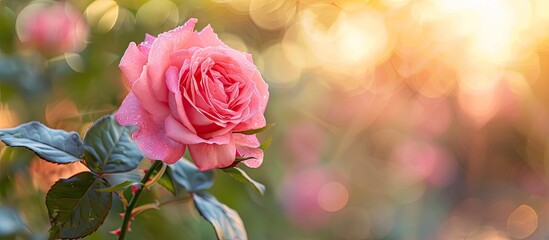 Leinwandbilder - Daylight illuminates a beautiful pink rose blooming in a garden ideal for Valentine s Day or special anniversary themed copy space images