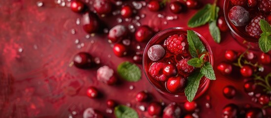 Poster - Top view of a chilled cocktail garnished with cranberries raspberries and mint in red stemware perfect for a copy space image