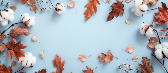 Aufkleber - Autumn themed flat lay showcasing a frame of cotton flowers and dried leaves on a light blue background conveying the essence of the fall season with a top view and copy space image