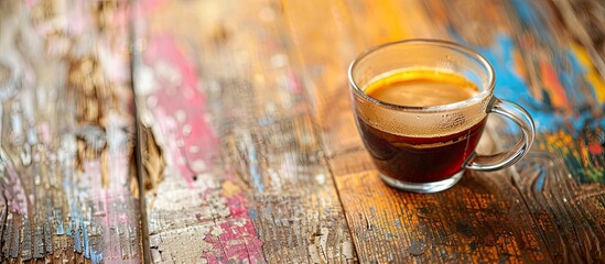 Poster - Close up image of coffee in a glass cup on a vibrant wooden surface with space for text or graphics. Creative banner. Copyspace image