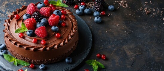 Leinwandbilder - Delicious chocolate cake presented on a table with copy space image