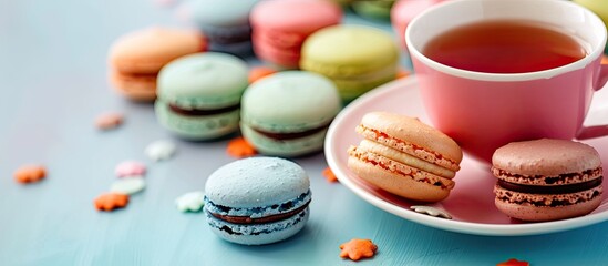 Poster - A vibrant array of macarons with a cup of tea in a visually appealing setting perfect for a copy space image