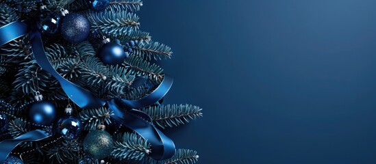 Leinwandbilder - A dark blue background featuring a Christmas tree adorned with blue ball ornaments and ribbons creating an ideal copy space image