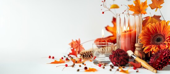 Aufkleber - Autumn themed arrangement including flowers candle glasses brush and decorations with copy space image on a white background