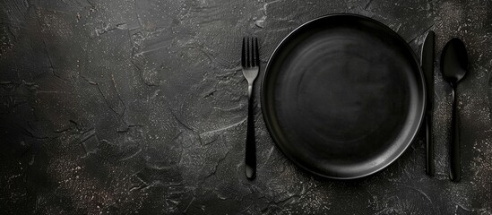 Aufkleber - Top view of a black plate and cutlery on a stone table set up with empty space for text or other elements in a flat lay composition. Creative banner. Copyspace image