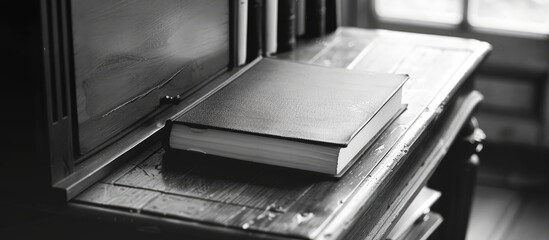 Poster - Author s tools a black and white hardcover book placed on a vintage desk capturing a nostalgic and literary ambiance with a quaint journaling motif enhancing the copy space image