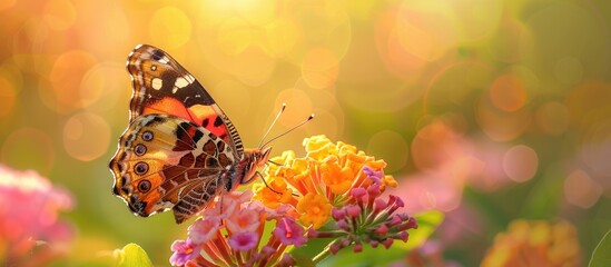 Canvas Print - A close up of a Painted Lady butterfly on Lantana flowers with copy space image