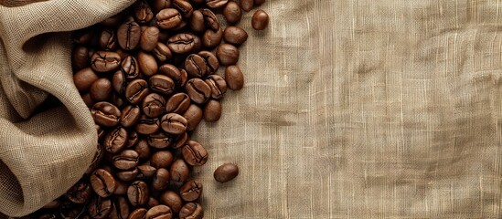 Poster - Coffee beans roasted with a linen fabric background providing an ideal copy space image