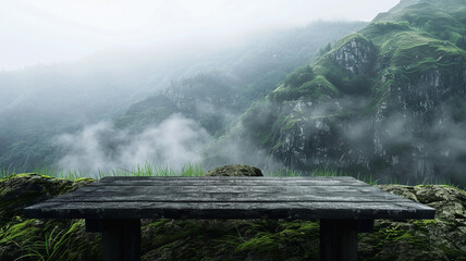 Poster - blank table on green mountain with mist on background