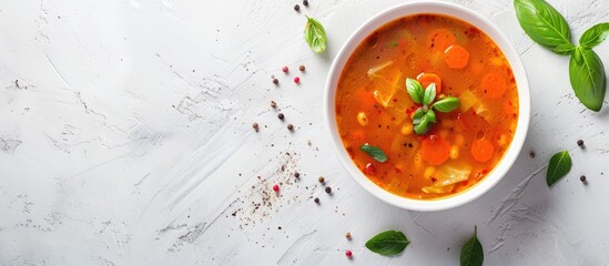 Aufkleber - Cabbage soup in a bowl on a white stone surface with copy space image for a top down view showcasing its presentation