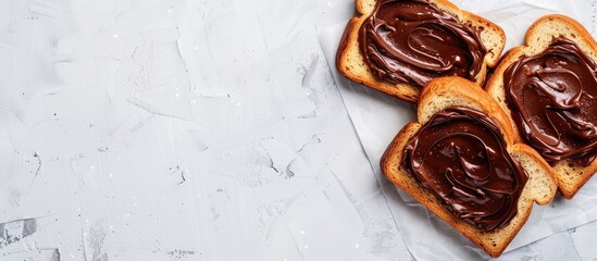 Poster - Bengali slice bread with chocolate spread displayed in a flatlay image on a white background with available copy space