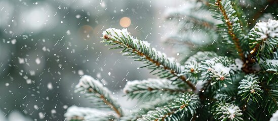 Poster - A close up image shows untouched soft white snow billowing on a green pine tree during cold winter weather with copy space image