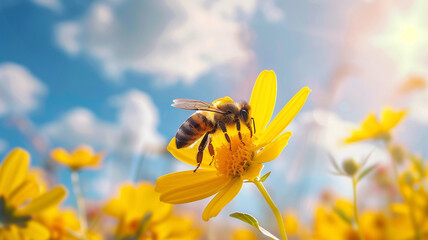 Wall Mural - close up a bee on a yellow sunflower on blue sky background