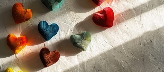 Poster - Colorful velvet paper hearts on a white surface casting shadows and light creating an abstract background with texture for a copy space image