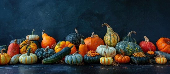 Poster - Assorted pumpkins and gourds of varying shapes and sizes displayed on a dark background with copy space image
