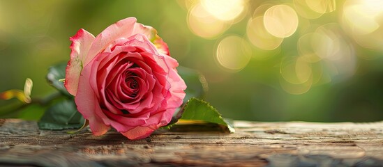 Aufkleber - A beautiful pink rose flower displayed on a wooden surface in an outdoor setting with ample copy space image