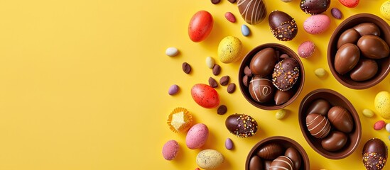 Sticker - Flat lay arrangement of chocolate Easter eggs and sweets on a yellow backdrop with a view from above featuring a vacant area for text alongside copy space image