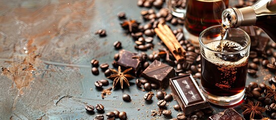 Leinwandbilder - Coffee liqueur is being poured from a bottle into a glass over a rustic tabletop scattered with coffee beans cinnamon anise and chunks of dark chocolate creating a cozy scene with copy space image