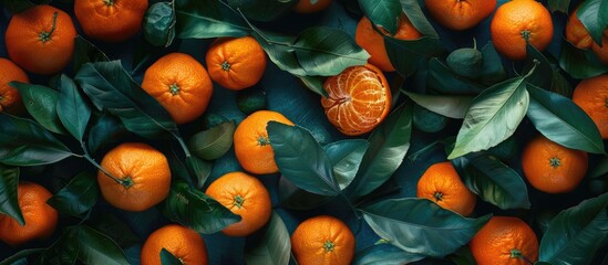 Canvas Print - Colorful background with fresh mandarins and green leaves viewed from the top with room for a caption on the copy space image