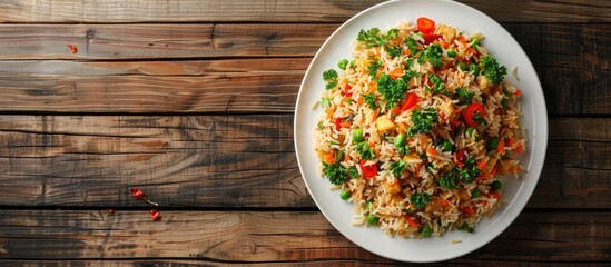 Canvas Print - Close up top view of a plate on a wooden table displaying delicious fried rice adorned with vegetables parsley and chili creating a rustic Indian and Asian cuisine copy space image