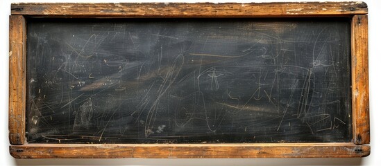 Fototapete - Close up of a vintage wooden framed blackboard on a white background illustrating a back to school and education theme with a work area and copy space image