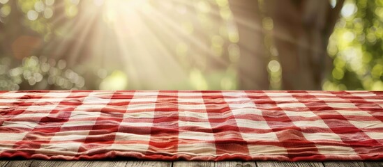 Poster - Checkered red tablecloth on a wooden table with copy space image