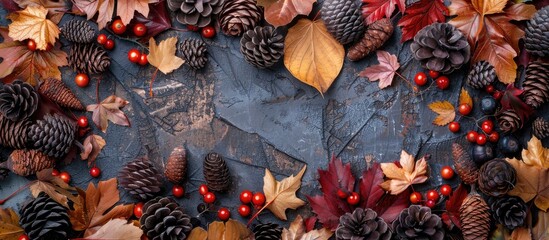 Wall Mural - Top view of autumn themed arrangement with leaves berries and cones creating a backdrop Ideal for texts with available copy space image