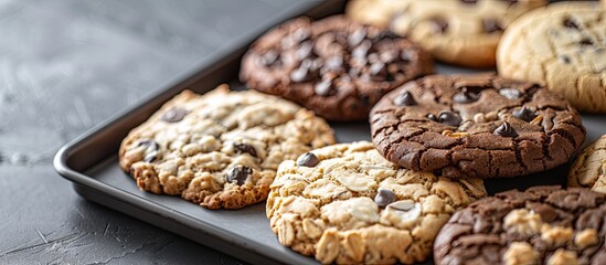 Poster - Assorted cookies including chocolate chip oatmeal raisin and white chocolate on a tray with copy space image