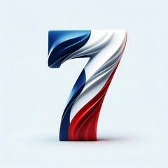 The number 7 is a stylized, abstract design with a red, white, and blue ribbon.