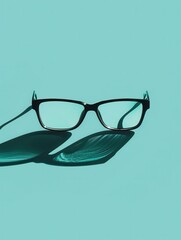 Aufkleber - Black eyeglasses cast a long shadow on a light blue background. Generative AI