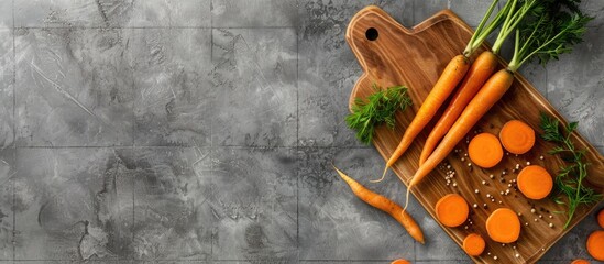 Poster - Carrots and slices on a wooden board against a grey tile background with open space for images. Creative banner. Copyspace image