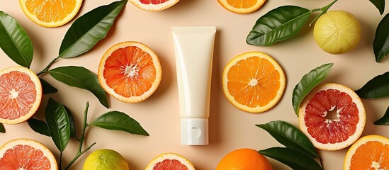 Sticker - A cosmetic tube surrounded by vibrant citrus fruits lush green leaves on a beige backdrop perfect for showcasing organic beauty products with a vitamin C theme in a copy space image