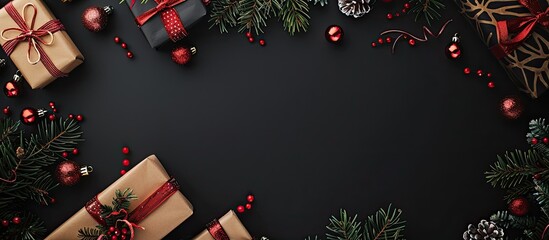 Fototapete - A classy black background with a stylish frame and festive gifts perfect for Christmas and New Year celebrations in a top down view copy space image