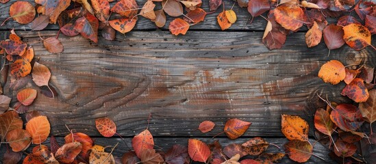 Aufkleber - Top view of autumn leaves on a wooden board with empty space for writing or images. Creative banner. Copyspace image
