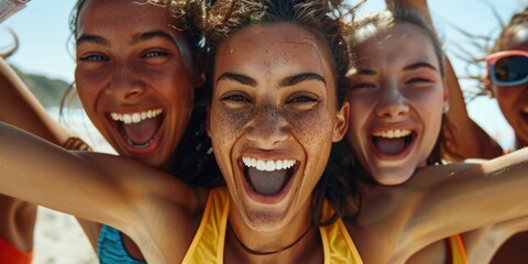 A group of women standing together on a sunny beach, great for lifestyle or travel imagery