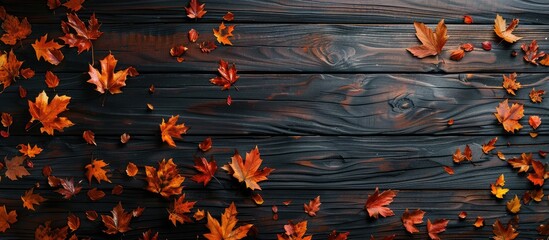 Aufkleber - Dark wooden background with autumn leaves Provides copy space image