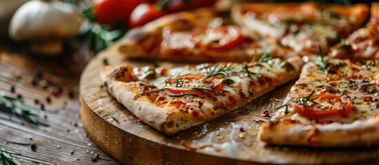 Wall Mural - An appetizing close up showcasing a sliced pizza on a rustic wooden cutting board with ample copy space image available