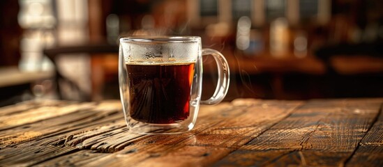 Aufkleber - Clear glass mug with hot coffee placed on a wooden surface providing ample space for adding text in the image
