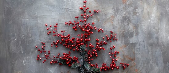 Poster - Creative Christmas concept depicted through Christmas tree branches with red berries arranged as a tree shape on a gray background composing a festive copy space image