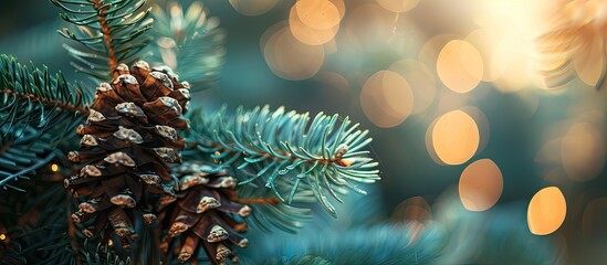Aufkleber - Close up of a pine branch and cone on a blurry backdrop with copy space image available