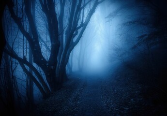 Sticker - A foggy forest path illuminated by soft blue light, creating an eerie, mystical atmosphere.