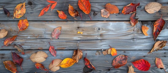 Aufkleber - Top view of autumn leaves on a wooden board with empty space for writing or images. Creative banner. Copyspace image