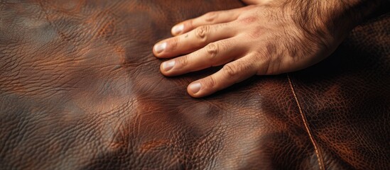 Aufkleber - Close up image of a man s hand examining a rich dark brown full grain leather with visible copy space in the background
