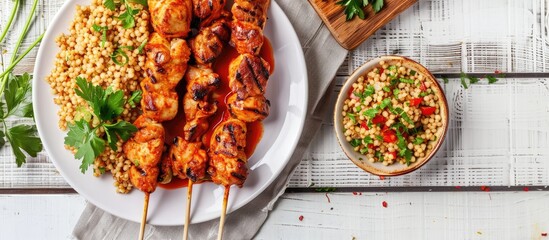 Sticker - Angle view of a fried chicken shish kebab displayed on a white plate with a rustic serving board accompanied by spicy tomato sauce herbs onion bulgur and a grilled hot green pepper on a white wooden