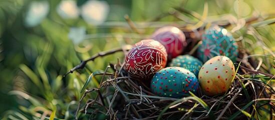 Aufkleber - Decorations for a Sunday Easter egg hunt with a festive and happy holiday vibe featuring Easter eggs. Creative banner. Copyspace image