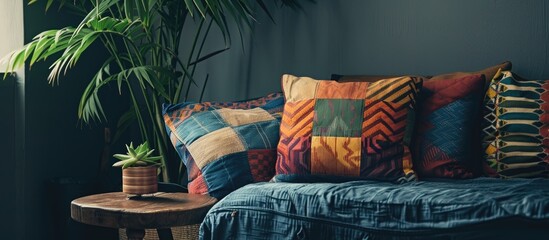 Aufkleber - A dark apartment interior featuring patterned cushions resting on a sofa beside a wooden table with a plant against a white background Displayed in a real photo with copy space image