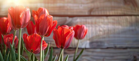 Poster - Close up image of red tulip flowers in a garden setting against a wooden backdrop with copy space image