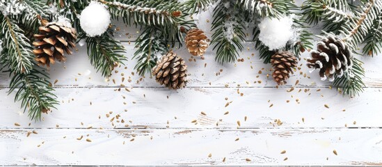 Poster - Christmas themed background featuring snow fir branches cones against a white wooden backdrop with copy space image