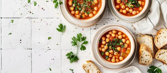 Aufkleber - Flat lay image featuring delicious chickpea soup in bowls with bread and parsley on a white tiled table offering space for text. Creative banner. Copyspace image