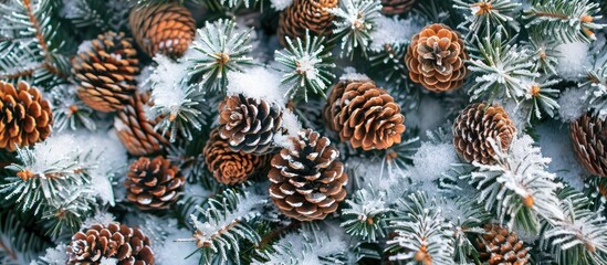 Aufkleber - Top down view of a Christmas tree adorned with pine cones and twigs covered in snow providing an ideal copy space image